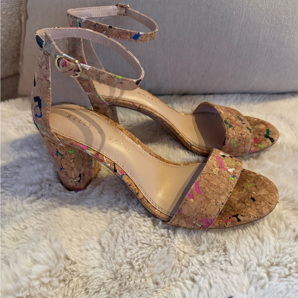 Kelly & Katie Cork Block Heel Sandals with Multicolor Speckle